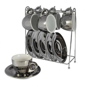 Jogo 6 Xícaras para Cafe Chrominno Prata 80ml com Rack Porcelana LHerm