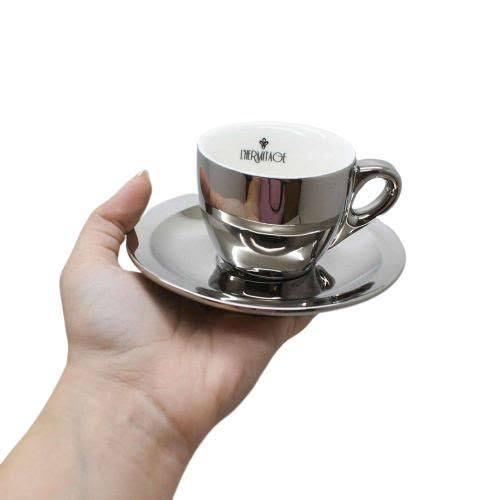 Jogo 6 Xícaras para Cafe Chrominno Prata 80ml com Rack Porcelana LHerm